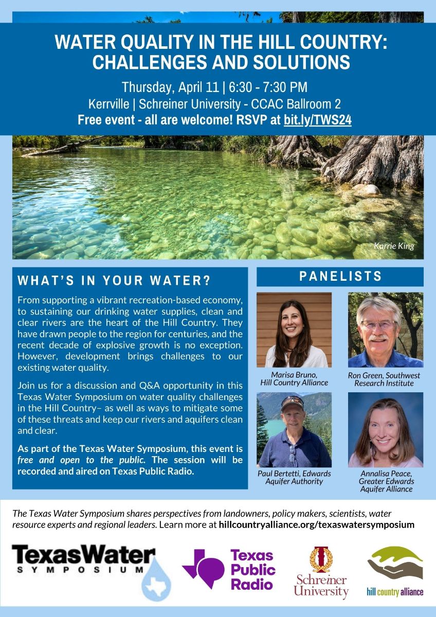 Click to view flyer for April 11 Texas Water Symposium at Schreiner University in Kerrville