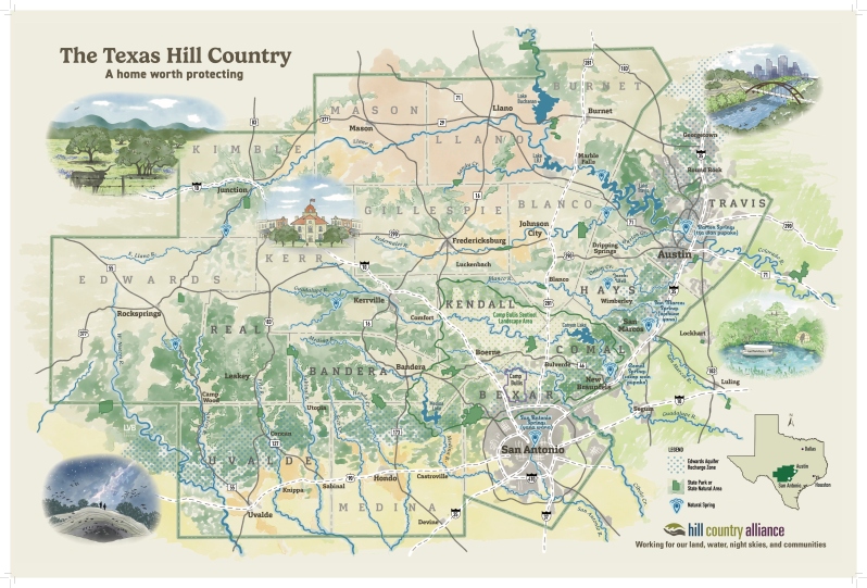 Product Description: The Texas Hill Country - A home worth protecting</br></br>The Texas Hill Country is a unique geographic region that people have called home for more than 14,000 years and the Hill Country Alliance (HCA) is dedicated to ensuring current and future generations have the opportunity to experience, enjoy, and benefit from the remarkable beauty of the Hill Country we know and love. HCA works throughout the 17 counties of the Hill Country to educate and inspire residents to learn more about the environment and biology of the Texas Hill Country and to become involved in protecting the natural resources of this special region.Our mission is to bring together a diverse coalition of partners to preserve the open spaces, starry night skies, clean and abundant waters, and unique character of the Texas Hill Country - highlighted in the vignettes scattered across this beautiful map.</br></br>While care has been taken to show geographic features as accurately as possible, this map is first and foremost a work of art. To preserve the beauty of its design, some towns, notable landmarks, and beloved natural features may not be shown. Since there are a few features depicted on this map that warrant additional explanation, additional information about the map and our work is shown on the back.</br></br>Dimensions: 18in tall x 24in across</br></br>Great for your office or wherever you hang your hat – whether it’s in the Hill Country or not!</br></br>Please allowat least 1 weekfor delivery!</br> HCA Storytelling Map - 18x24 in