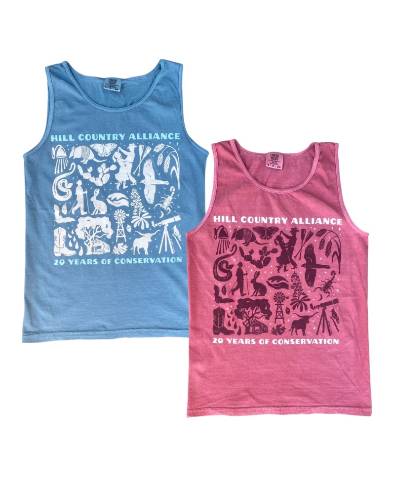 Product Description: Celebrate HCA's 20th Anniversary with us!</br></br>Mark the occasion with a limited-edition Comfort Colors Unisex Tank Top in Ice Blue and Crimson, featuring silhouettes of iconic Hill Country landscapes and symbols.Available in sizes S–2XL. Quantities are limited—so don’t wait too long!</br></br>Please allow at least 1 week for delivery!</br></br>About the Design</br></br>The Hill Country Alliance is proud to announce the release of a limited-edition Hill Country creation, designed by local artist Emma C. Schmidt. Native to the Texas Hill Country, Emma draws inspiration from the natural world around her to create hand drawn designs that tell meaningful stories. With a background in painting from Savannah College of Art & Design, she has grown her art practice through a range of mediums, including intricate inked maps, watercolors, illustration and large-scale painted murals. She uses her artwork to tell stories and chart memories. In recent years, her artwork has taken a nature focus with a range of subjects from bird migration flyways, state aquifers and springs, hiking trail maps and native species illustrations. Emma approaches her work as a cartographer, naturalist and storyteller to create artwork that uplifts a landscape in hand drawn inked lines.Learn more about Emma’ work on her website here.</br></br>For this 20-year anniversary artwork, Emma found inspiration in HCA’s four programs: land, water, night skies and community. With familiar silhouettes of iconic Hill Country indicators in natural landscape and how Texans interact with it, Emma’s artwork shares an encompassing view of one of our state’s treasured geographic regions and a vision to conserve and pay homage to its singularity. </br></br>Printed with Care</br></br>Screen printingby Raw Paw in South Austin. Proceeds from this limited release support the Hill Country Alliance and our mission to protect the region we call home.</br> 20th Anniversary Tank