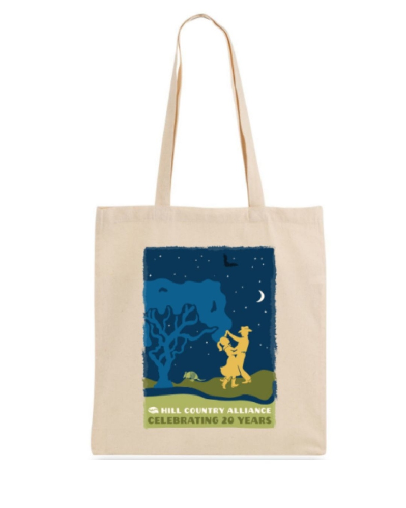 Product Description: HCA 20th Anniversary Tote Bag</br></br>Commemorate HCA's 20th Anniversary with a limited edition tote featuring a lovely Hill Country scene designed by Emma Schmidt. Perfect for farmers’ market hauls, weekend adventures, or carrying your favorite Hill Country reads.</br></br>Bag dimensions: 15"W x 16"H</br></br>Please allowat least 1 weekfor delivery!</br></br>About the Design</br></br>The Hill Country Alliance is proud to announce the release of a limited-edition Hill Country creation, designed by local artist Emma C. Schmidt. Native to the Texas Hill Country, Emma draws inspiration from the natural world around her to create hand drawn designs that tell meaningful stories. With a background in painting from Savannah College of Art & Design, she has grown her art practice through a range of mediums, including intricate inked maps, watercolors, illustration and large-scale painted murals. She uses her artwork to tell stories and chart memories. In recent years, her artwork has taken a nature focus with a range of subjects from bird migration flyways, state aquifers and springs, hiking trail maps and native species illustrations. Emma approaches her work as a cartographer, naturalist and storyteller to create artwork that uplifts a landscape in hand drawn inked lines.Learn more about Emma’ work on her websitehere.</br></br>For this 20-year anniversary artwork, Emma found inspiration in HCA’s four programs: land, water, night skies and community. With familiar silhouettes of iconic Hill Country indicators in natural landscape and how Texans interact with it, Emma’s artwork shares an encompassing view of one of our state’s treasured geographic regions and a vision to conserve and pay homage to its singularity. </br></br>Printed with Care</br></br>Screen printingbyCC Creations. Proceeds from this limited release support the Hill Country Alliance and our mission to protect the region we call home.</br> 20th Anniversary Tote Bag